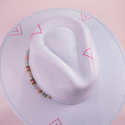 Aukala Hat Handcrafted Boho Inti Mist Hat – Soft Blue Suede Fedora with Pink Embroidery & Beaded Accents