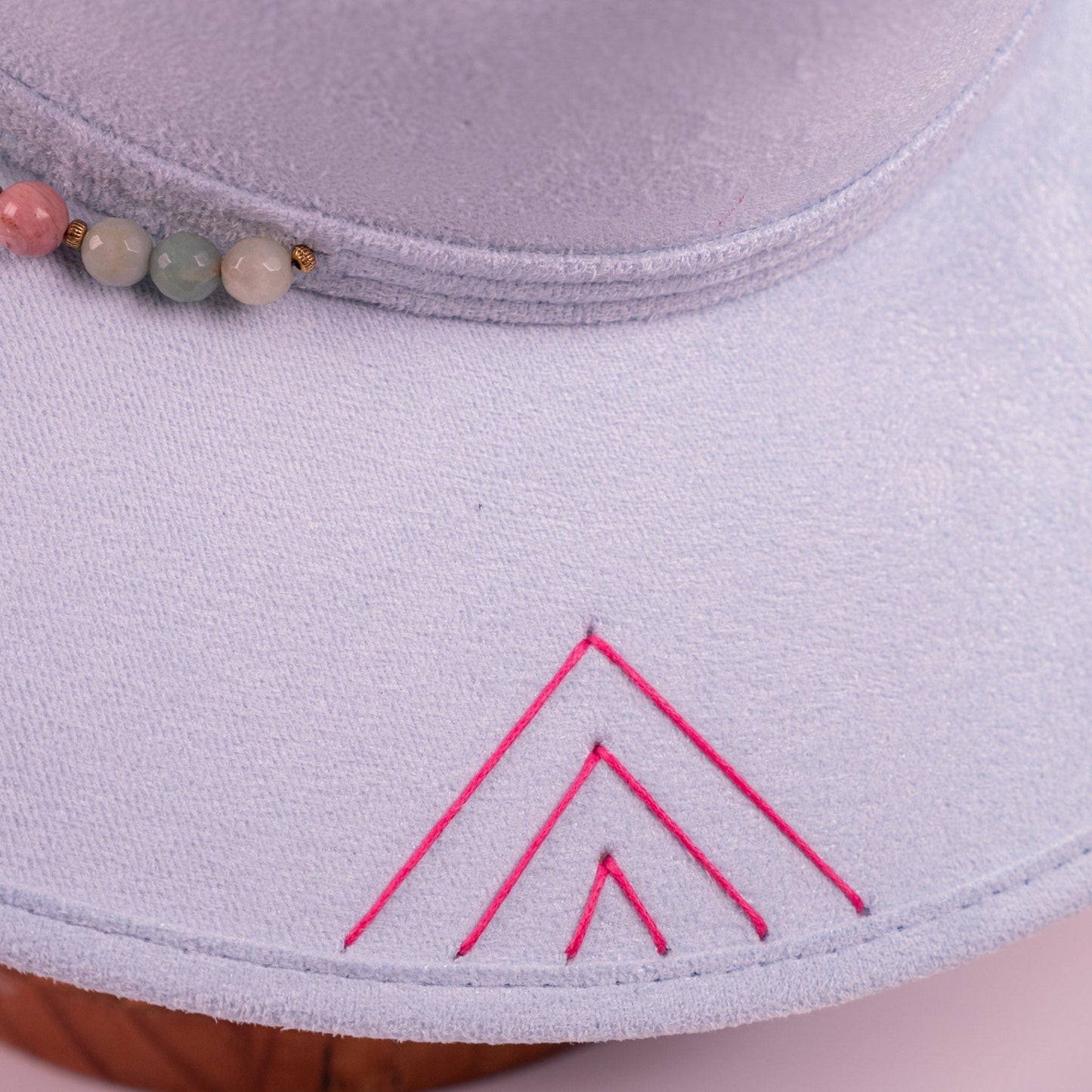 Aukala Hat Handcrafted Boho Inti Mist Hat – Soft Blue Suede Fedora with Pink Embroidery & Beaded Accents