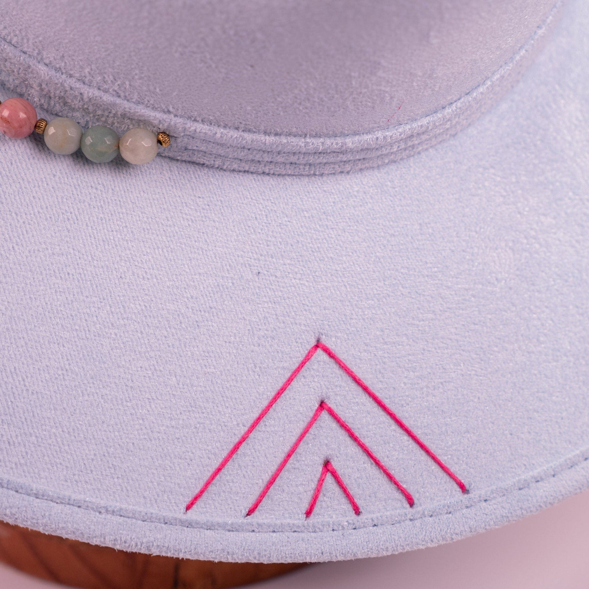 Aukala Hat Handcrafted Boho Inti Mist Hat – Soft Blue Suede Fedora with Pink Embroidery & Beaded Accents