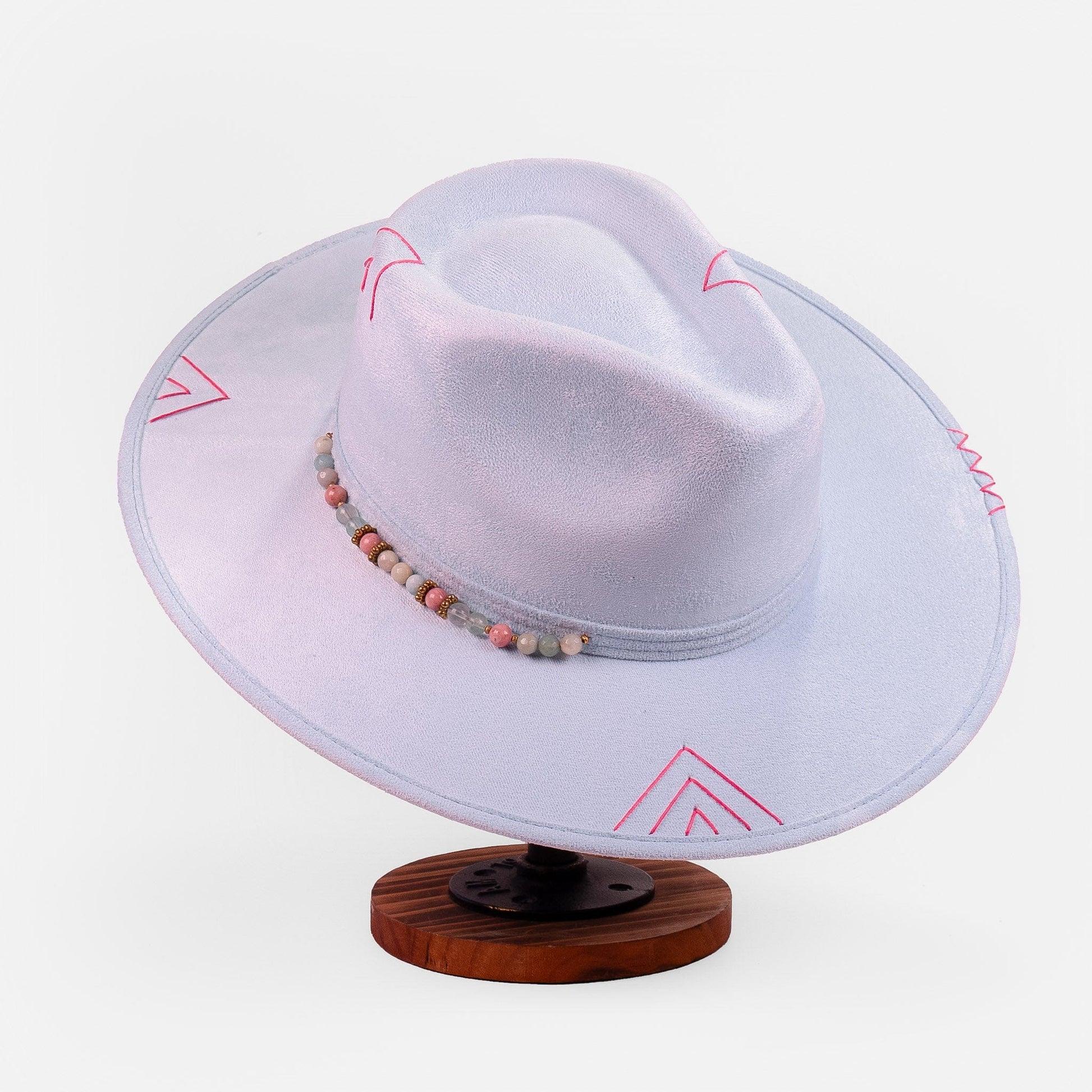 Aukala Hat Handcrafted Boho Inti Mist Hat – Soft Blue Suede Fedora with Pink Embroidery & Beaded Accents
