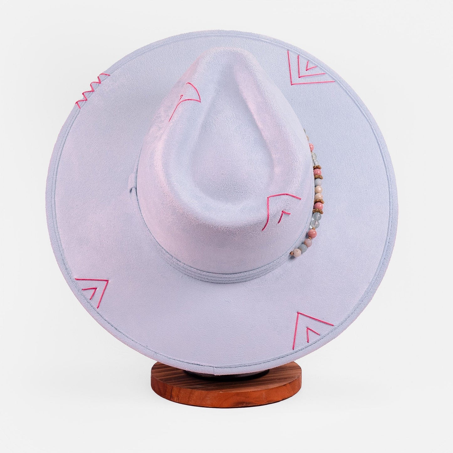 Aukala Hat Handcrafted Boho Inti Mist Hat – Soft Blue Suede Fedora with Pink Embroidery & Beaded Accents