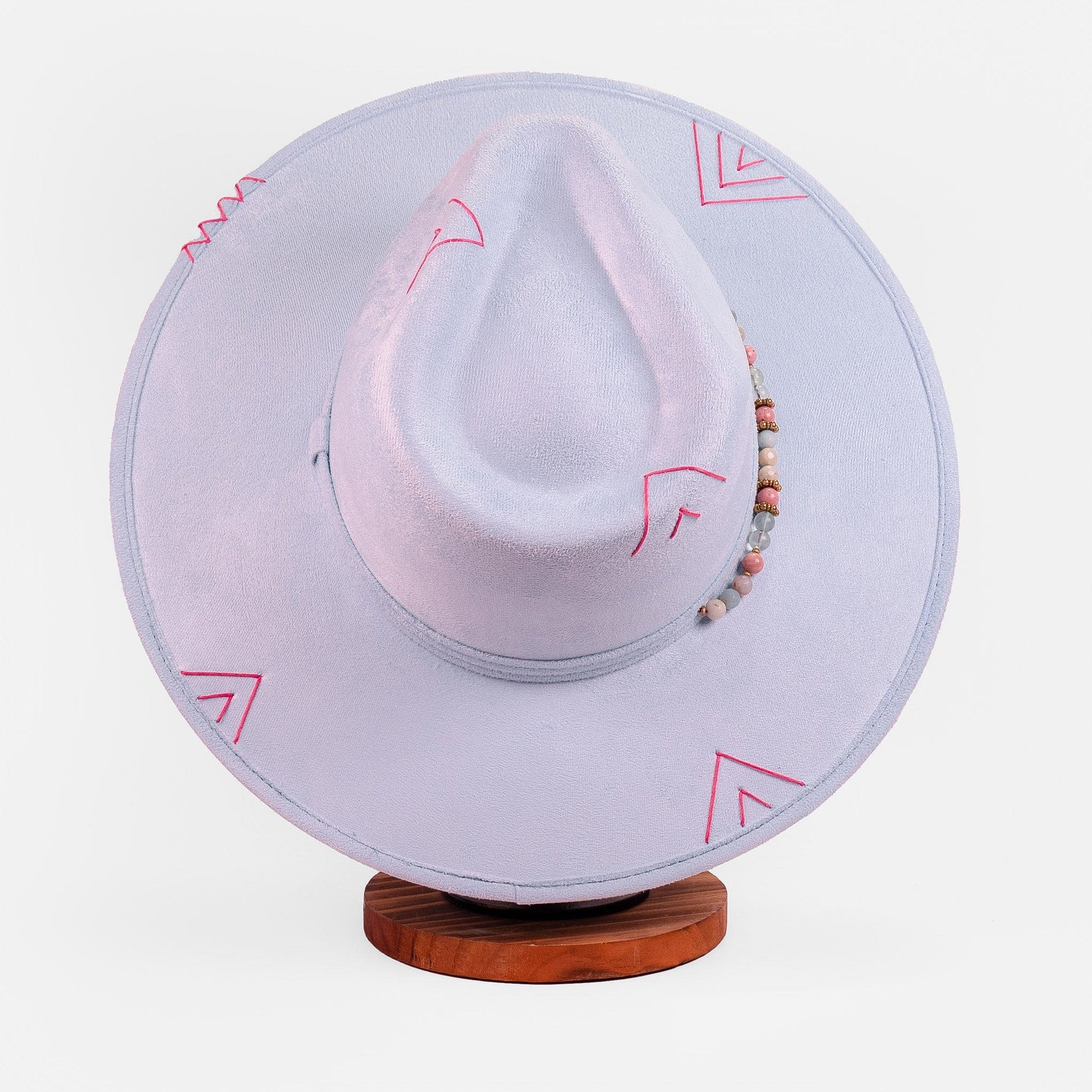 Aukala Hat Handcrafted Boho Inti Mist Hat – Soft Blue Suede Fedora with Pink Embroidery & Beaded Accents