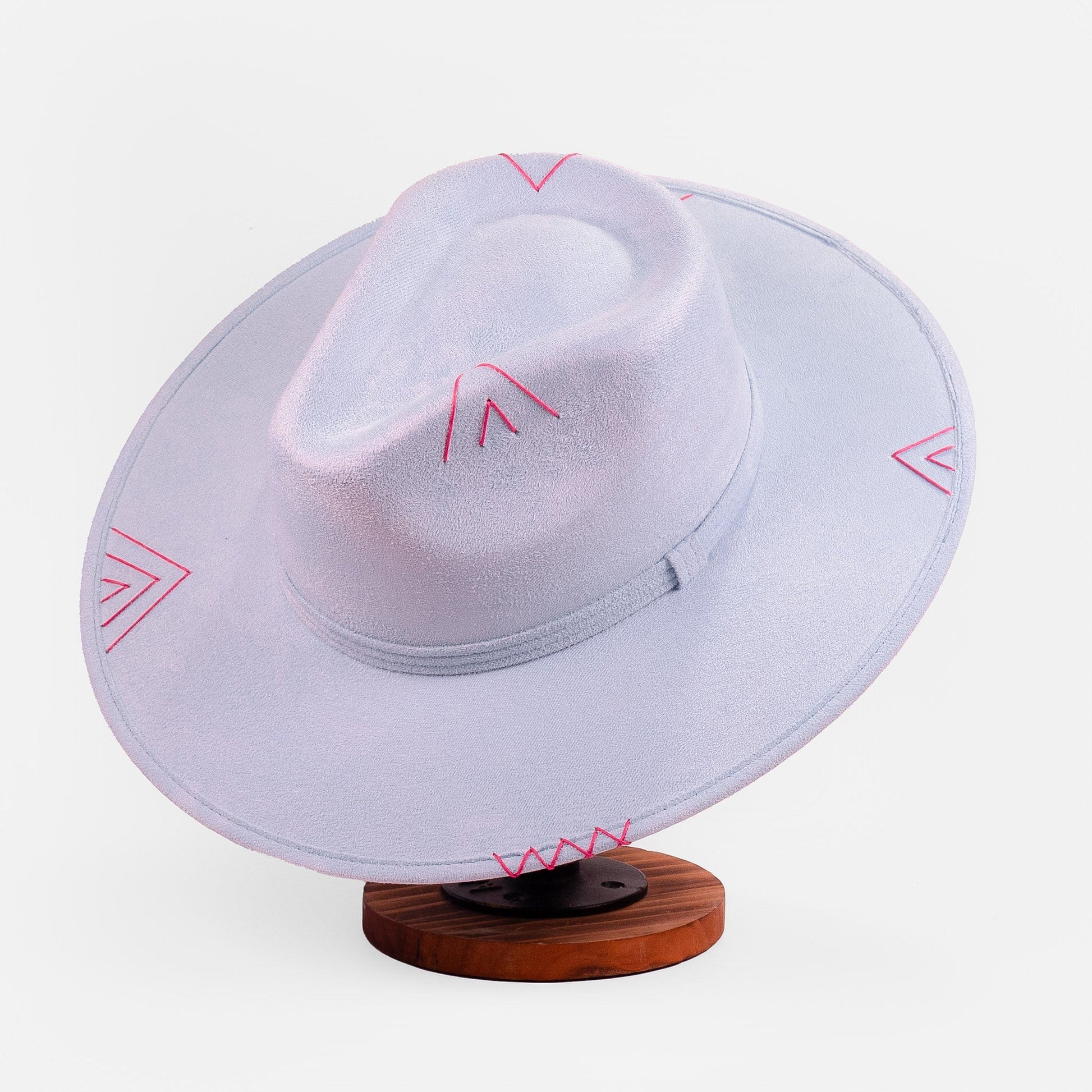 Aukala Hat Handcrafted Boho Inti Mist Hat – Soft Blue Suede Fedora with Pink Embroidery & Beaded Accents