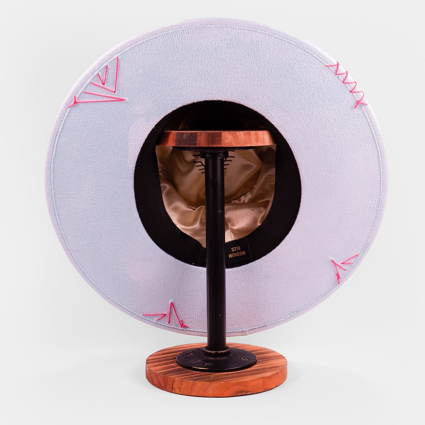 Aukala Hat Handcrafted Boho Inti Mist Hat – Soft Blue Suede Fedora with Pink Embroidery & Beaded Accents