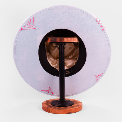 Aukala Hat Handcrafted Boho Inti Mist Hat – Soft Blue Suede Fedora with Pink Embroidery & Beaded Accents