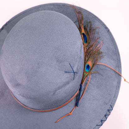 Aukala Hat Handcrafted Boho Itzel Denim Hat – Charcoal Grey Suede Fedora with Leather Band & Feather Accent