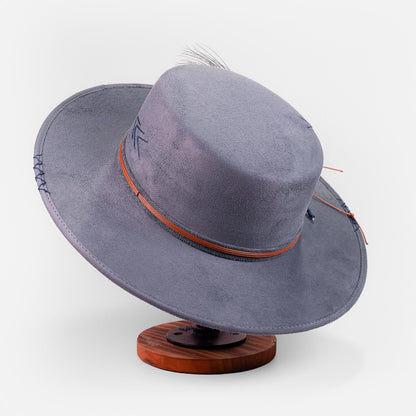 Aukala Hat Handcrafted Boho Itzel Denim Hat – Charcoal Grey Suede Fedora with Leather Band & Feather Accent
