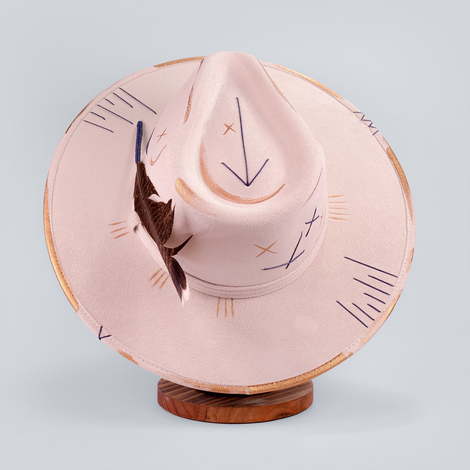 Aukala Hat Handcrafted Boho Kinam Hat – Beige Suede Fedora with Gold & Blue Tribal Accents