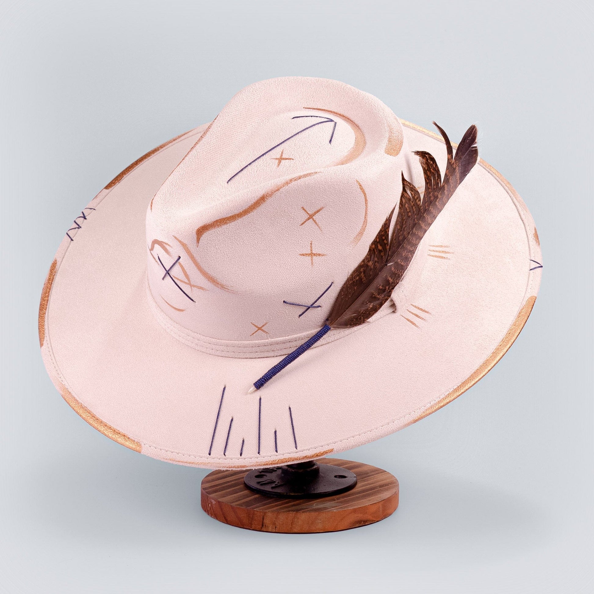 Aukala Hat Handcrafted Boho Kinam Hat – Beige Suede Fedora with Gold & Blue Tribal Accents