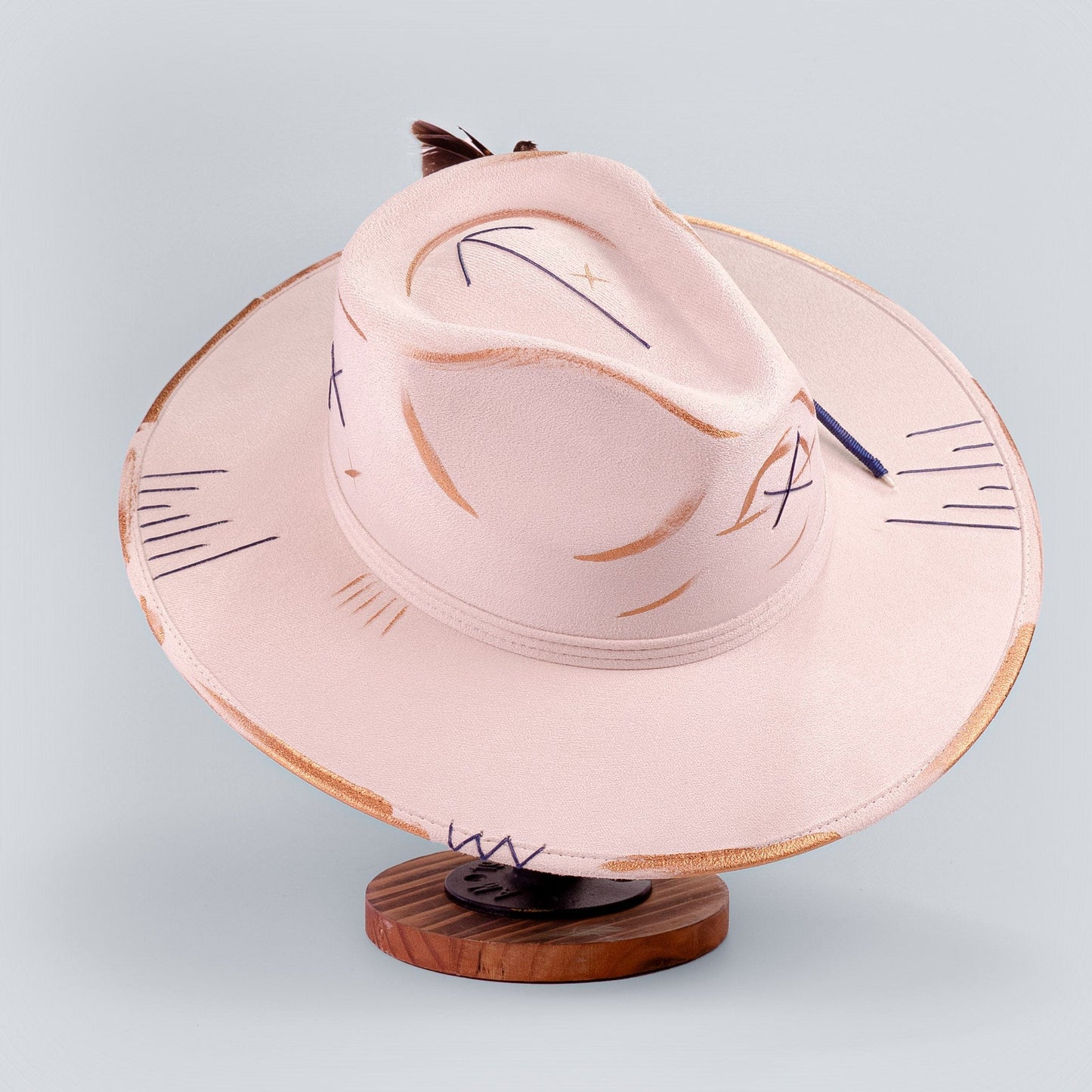 Aukala Hat Handcrafted Boho Kinam Hat – Beige Suede Fedora with Gold & Blue Tribal Accents