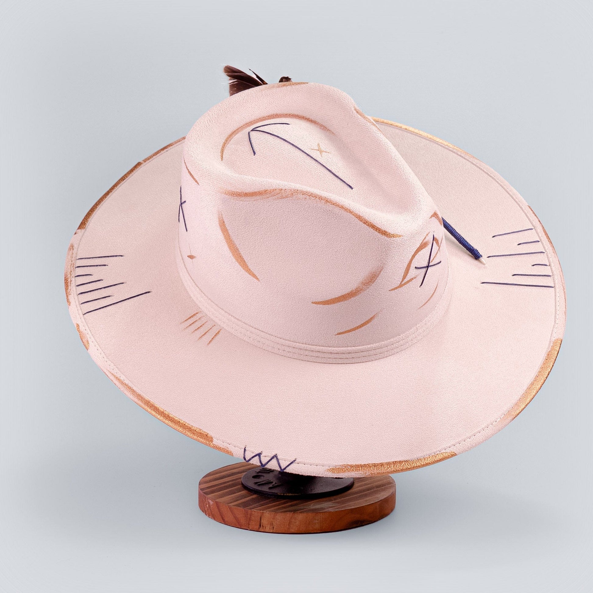 Aukala Hat Handcrafted Boho Kinam Hat – Beige Suede Fedora with Gold & Blue Tribal Accents