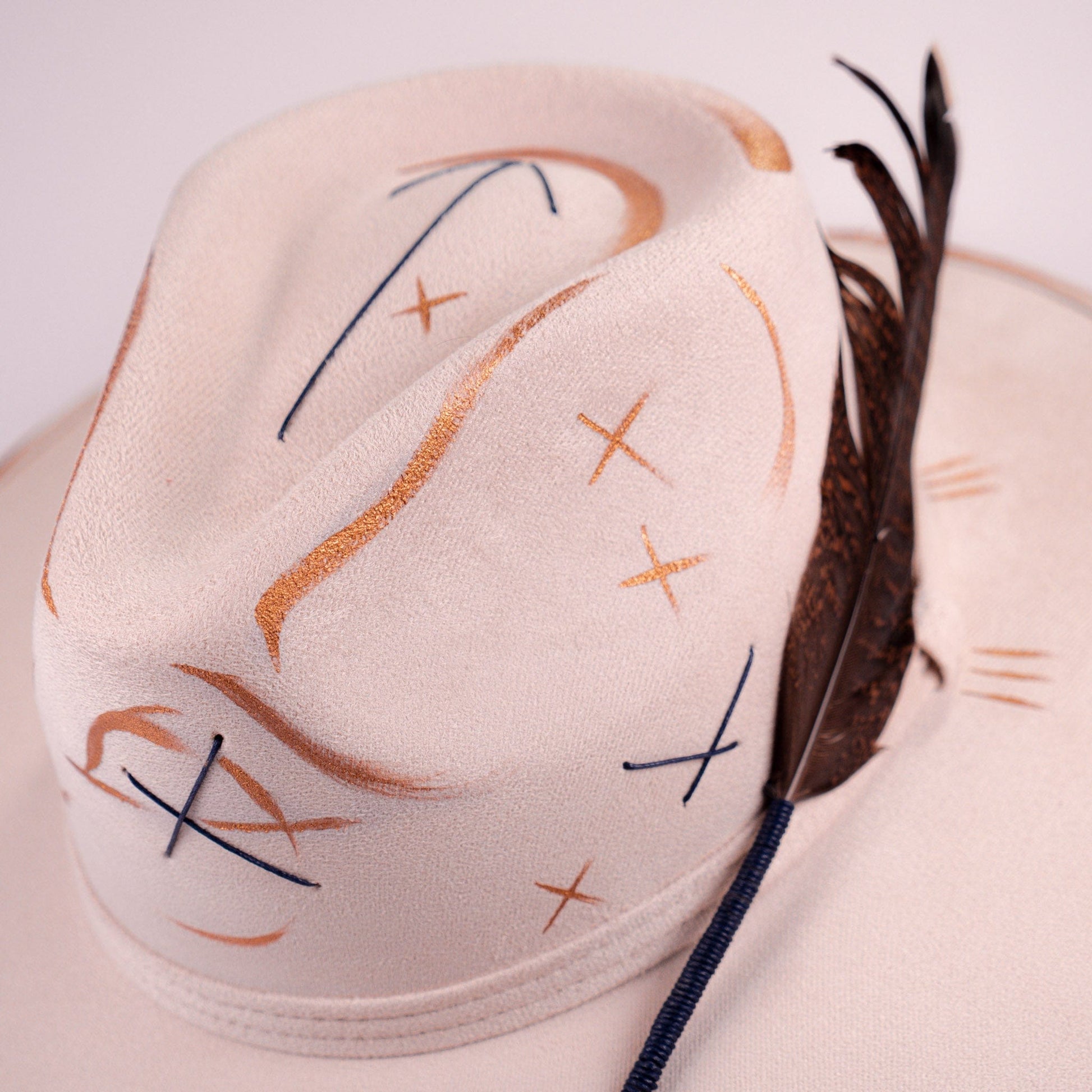 Aukala Hat Handcrafted Boho Kinam Hat – Beige Suede Fedora with Gold & Blue Tribal Accents