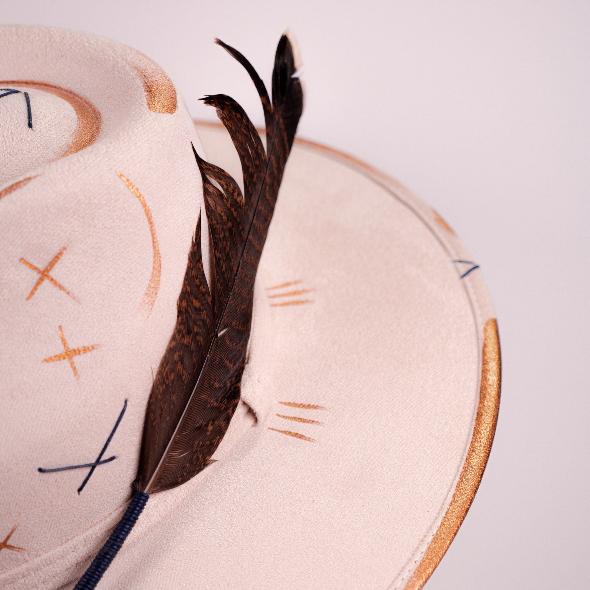 Aukala Hat Handcrafted Boho Kinam Hat – Beige Suede Fedora with Gold & Blue Tribal Accents