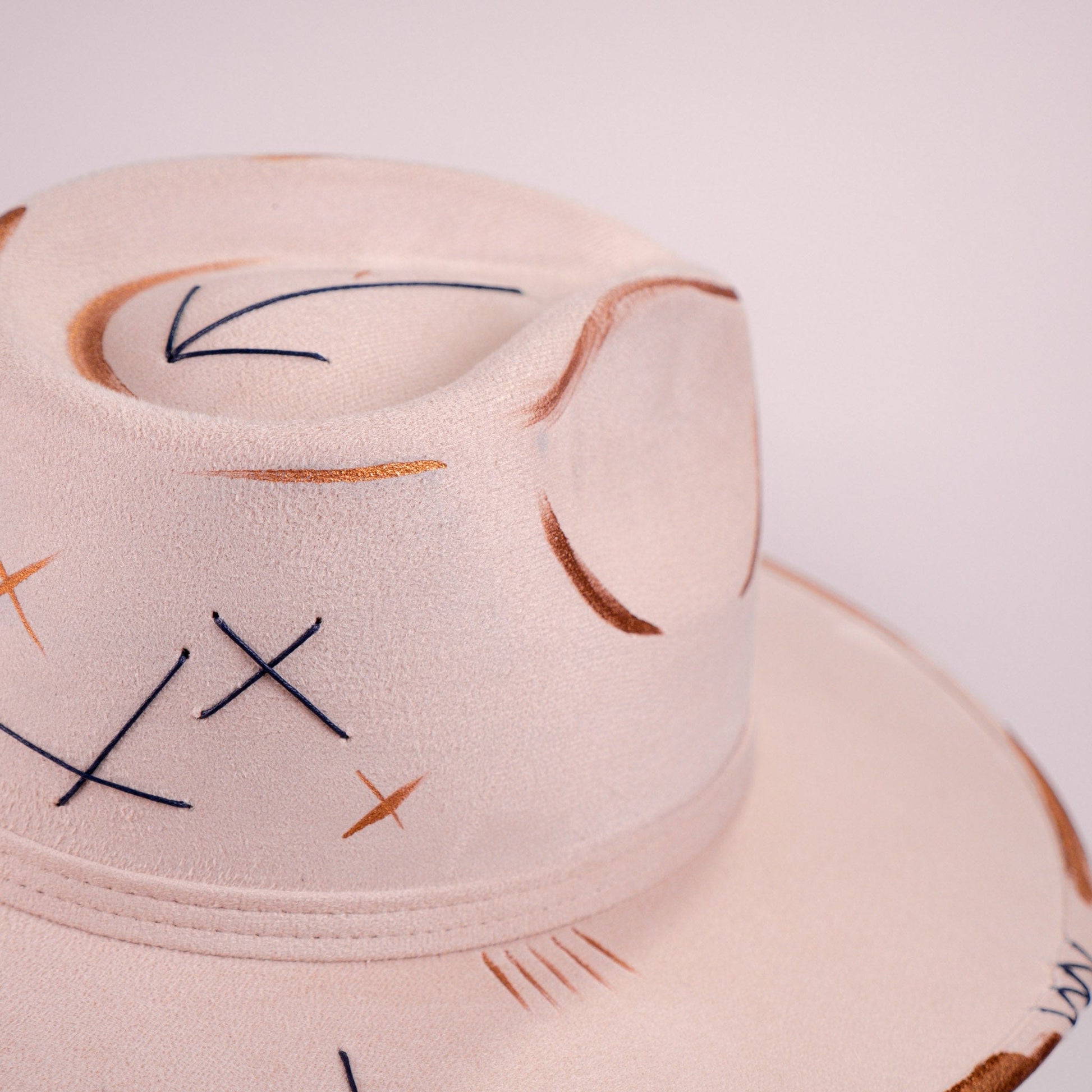 Aukala Hat Handcrafted Boho Kinam Hat – Beige Suede Fedora with Gold & Blue Tribal Accents