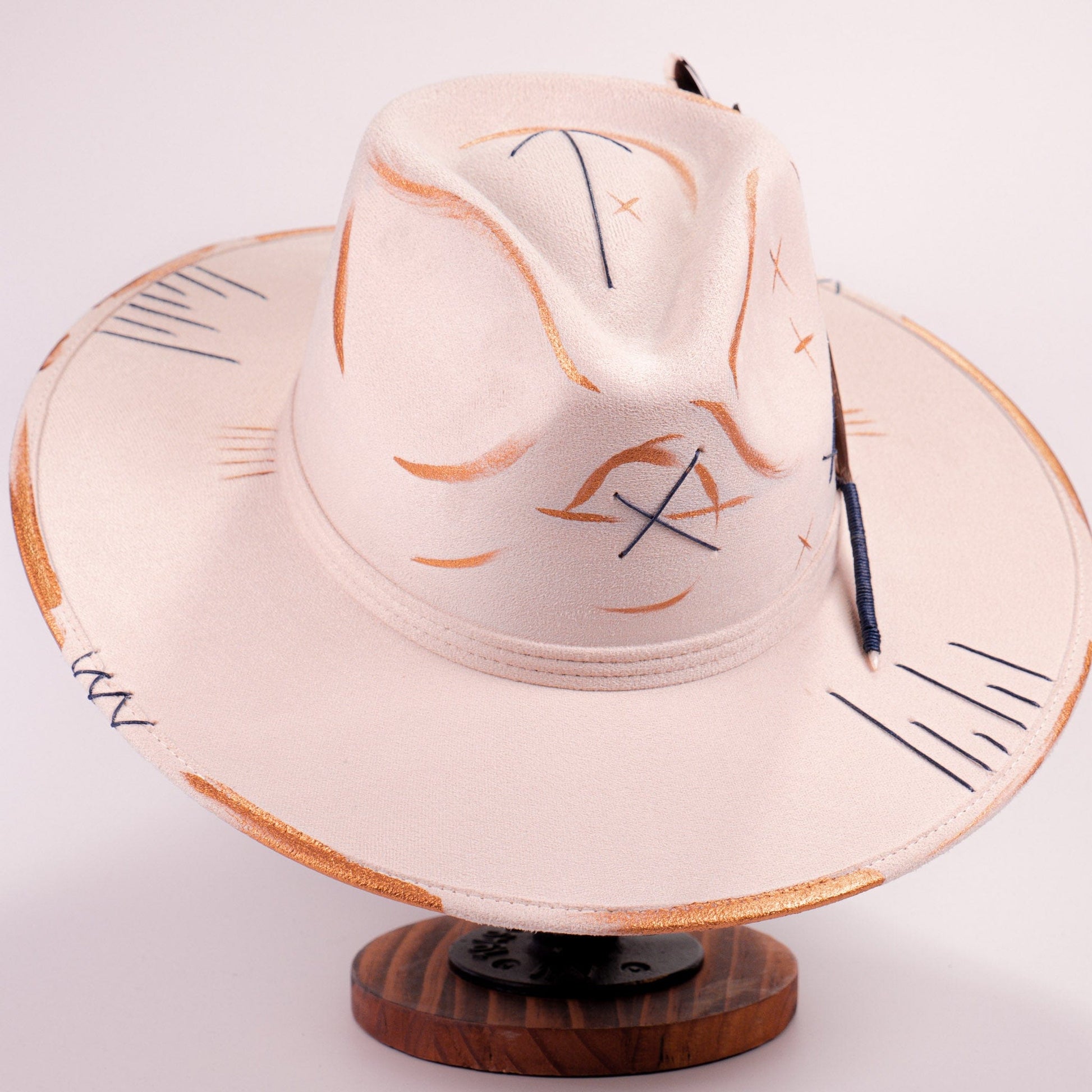 Aukala Hat Handcrafted Boho Kinam Hat – Beige Suede Fedora with Gold & Blue Tribal Accents