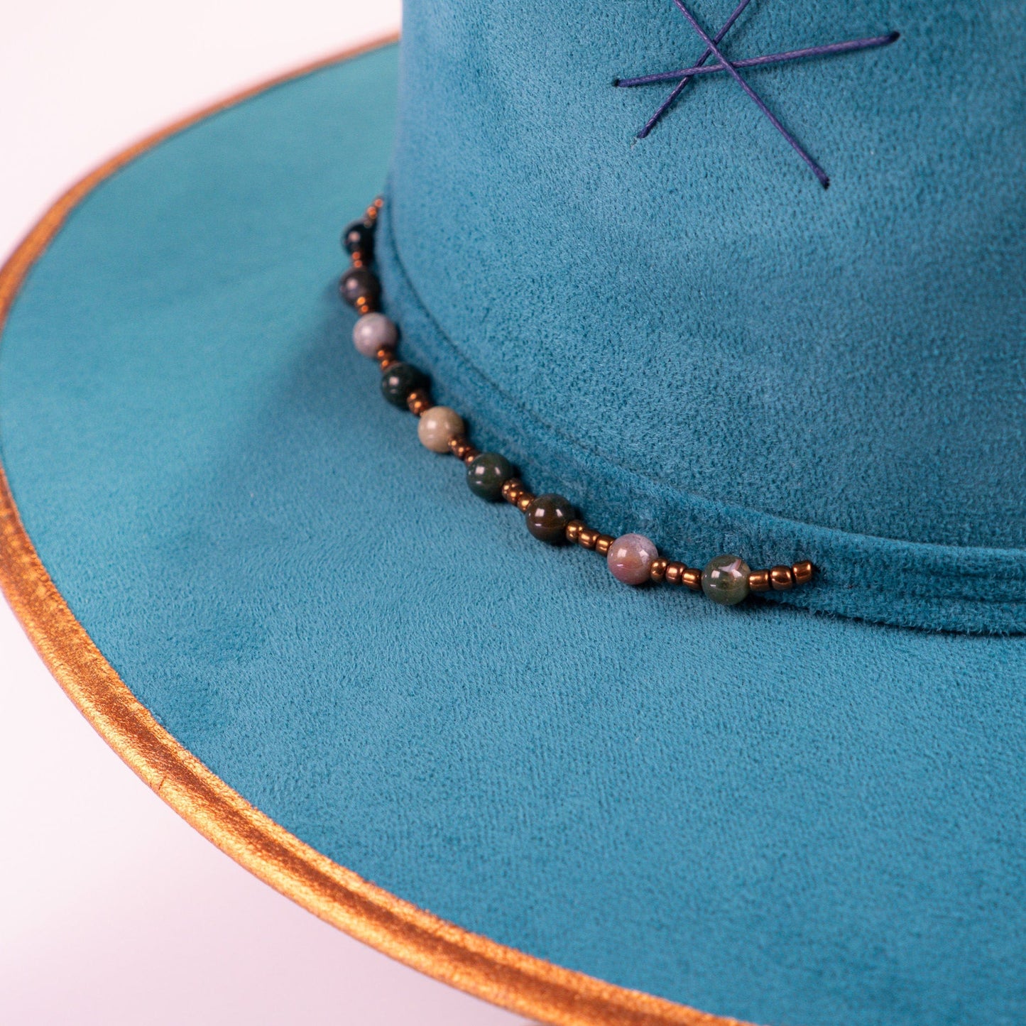 Aukala Hat Handcrafted Boho Kinish Hat – Teal Suede Fedora with Gold Accents & Celestial Embroidery