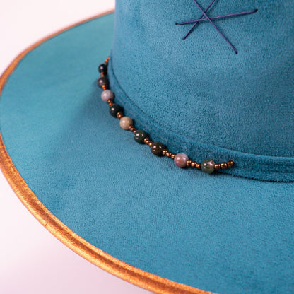 Aukala Hat Handcrafted Boho Kinish Hat – Teal Suede Fedora with Gold Accents & Celestial Embroidery