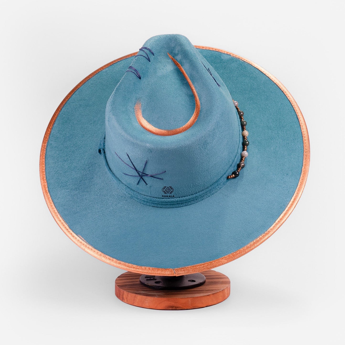 Aukala Hat Handcrafted Boho Kinish Hat – Teal Suede Fedora with Gold Accents & Celestial Embroidery