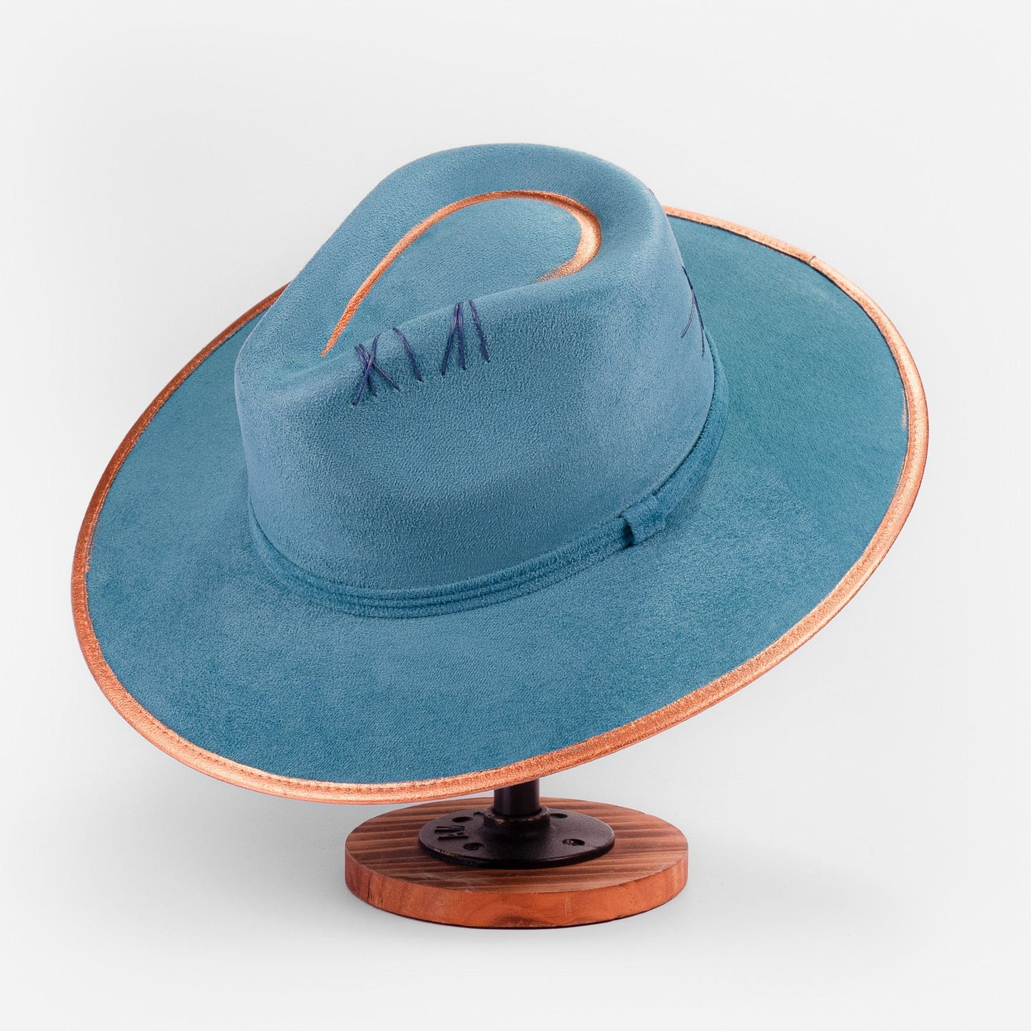 Aukala Hat Handcrafted Boho Kinish Hat – Teal Suede Fedora with Gold Accents & Celestial Embroidery