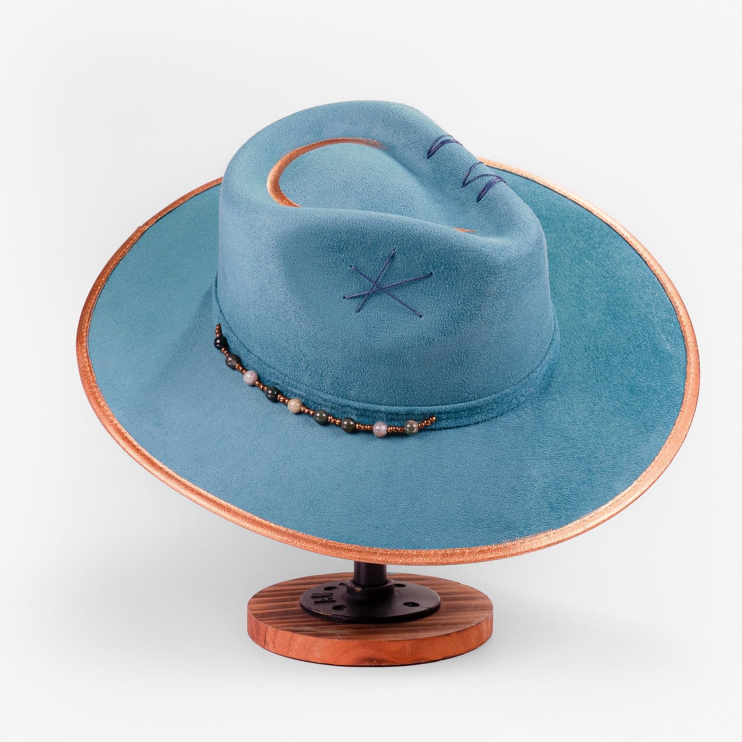 Aukala Hat Handcrafted Boho Kinish Hat – Teal Suede Fedora with Gold Accents & Celestial Embroidery