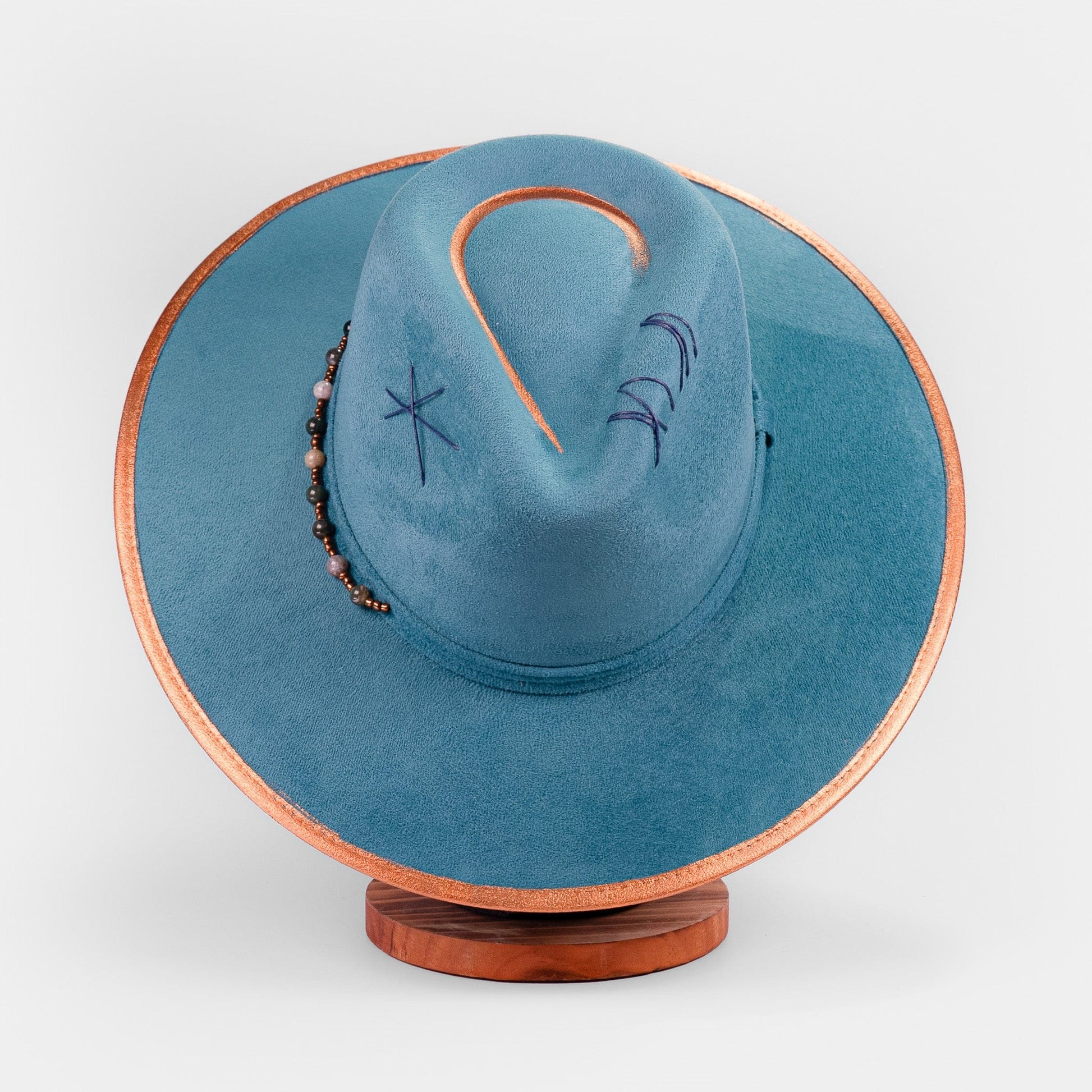 Aukala Hat Handcrafted Boho Kinish Hat – Teal Suede Fedora with Gold Accents & Celestial Embroidery