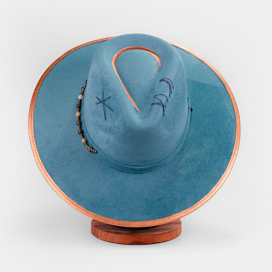 Aukala Hat Handcrafted Boho Kinish Hat – Teal Suede Fedora with Gold Accents & Celestial Embroidery