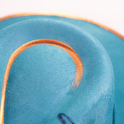 Aukala Hat Handcrafted Boho Kinish Hat – Teal Suede Fedora with Gold Accents & Celestial Embroidery