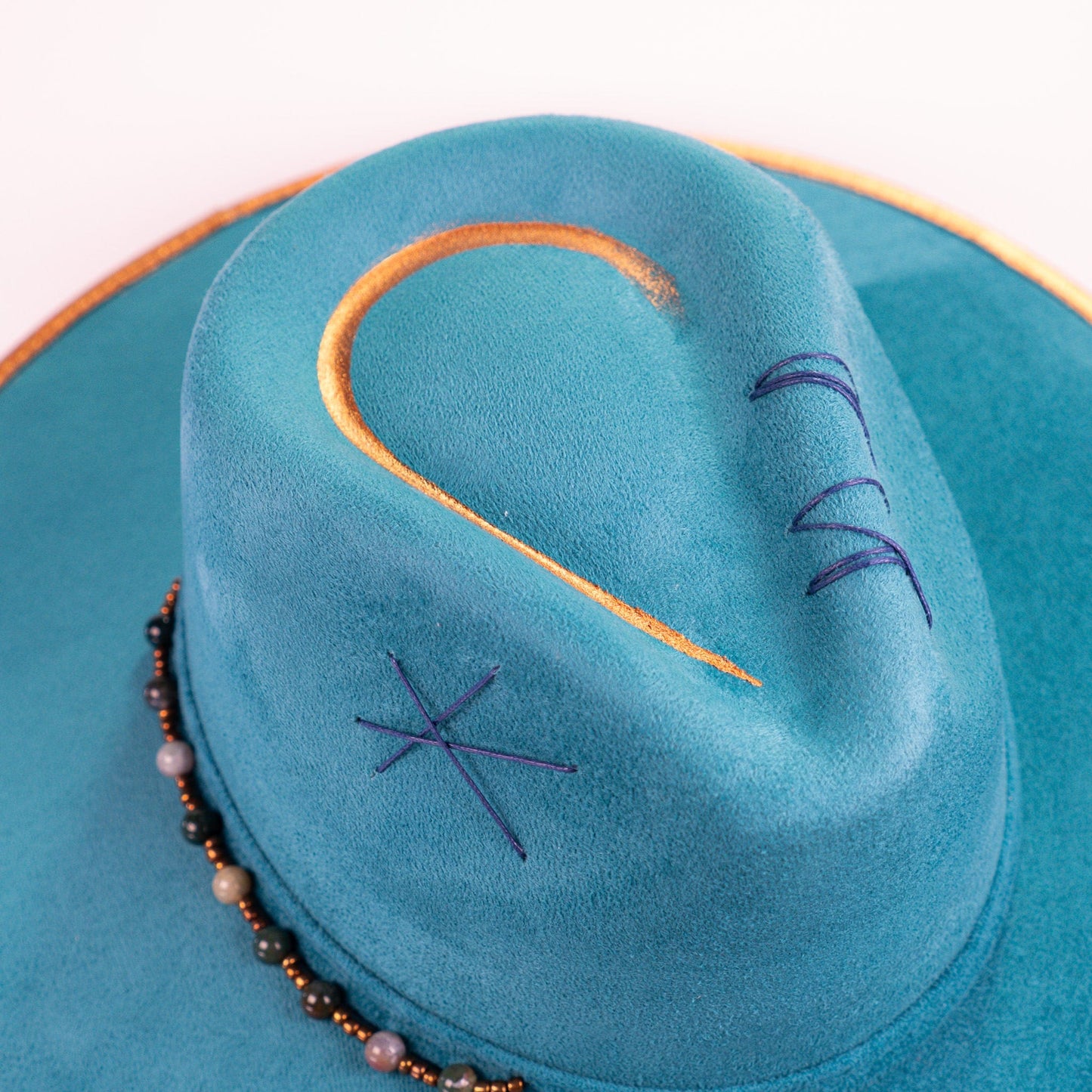 Aukala Hat Handcrafted Boho Kinish Hat – Teal Suede Fedora with Gold Accents & Celestial Embroidery