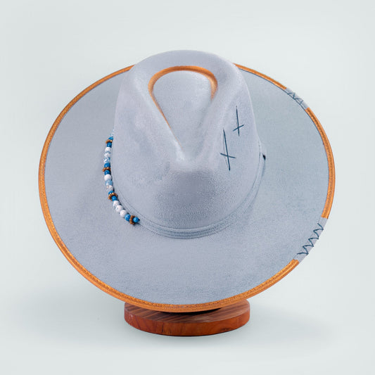 Aukala Hat Handcrafted Boho Kuntur Azul Hat – Dusty Blue Suede Fedora with Gold Trim & Beaded Accent