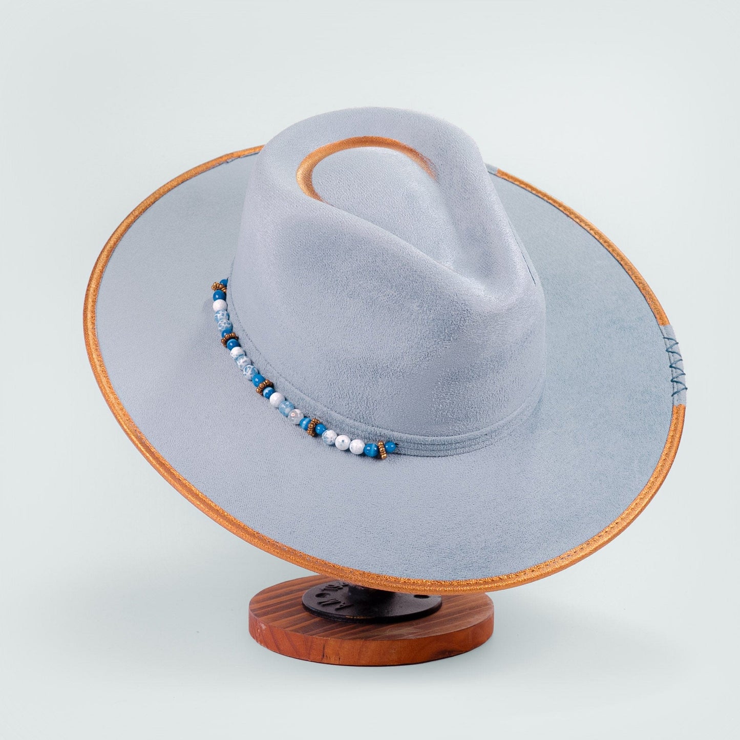 Aukala Hat Handcrafted Boho Kuntur Azul Hat – Dusty Blue Suede Fedora with Gold Trim & Beaded Accent