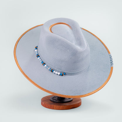 Aukala Hat Handcrafted Boho Kuntur Azul Hat – Dusty Blue Suede Fedora with Gold Trim & Beaded Accent