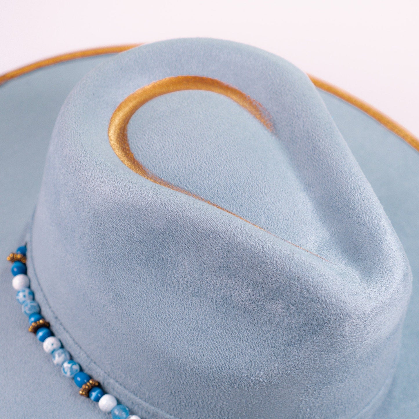 Aukala Hat Handcrafted Boho Kuntur Azul Hat – Dusty Blue Suede Fedora with Gold Trim & Beaded Accent