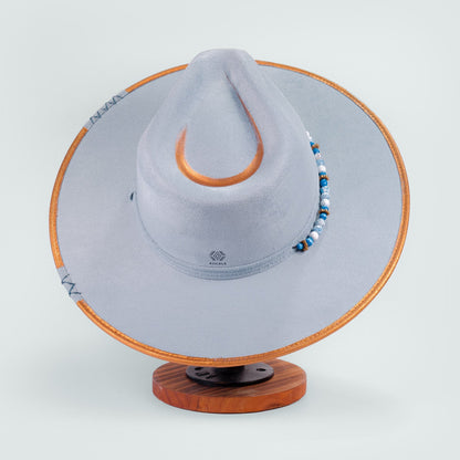 Aukala Hat Handcrafted Boho Kuntur Azul Hat – Dusty Blue Suede Fedora with Gold Trim & Beaded Accent