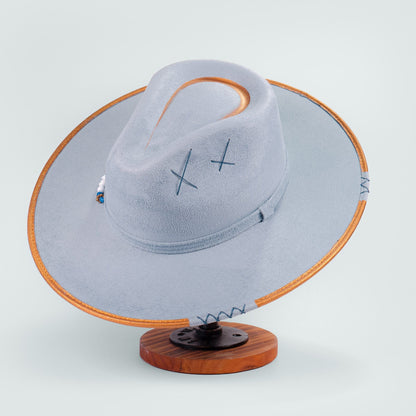 Aukala Hat Handcrafted Boho Kuntur Azul Hat – Dusty Blue Suede Fedora with Gold Trim & Beaded Accent