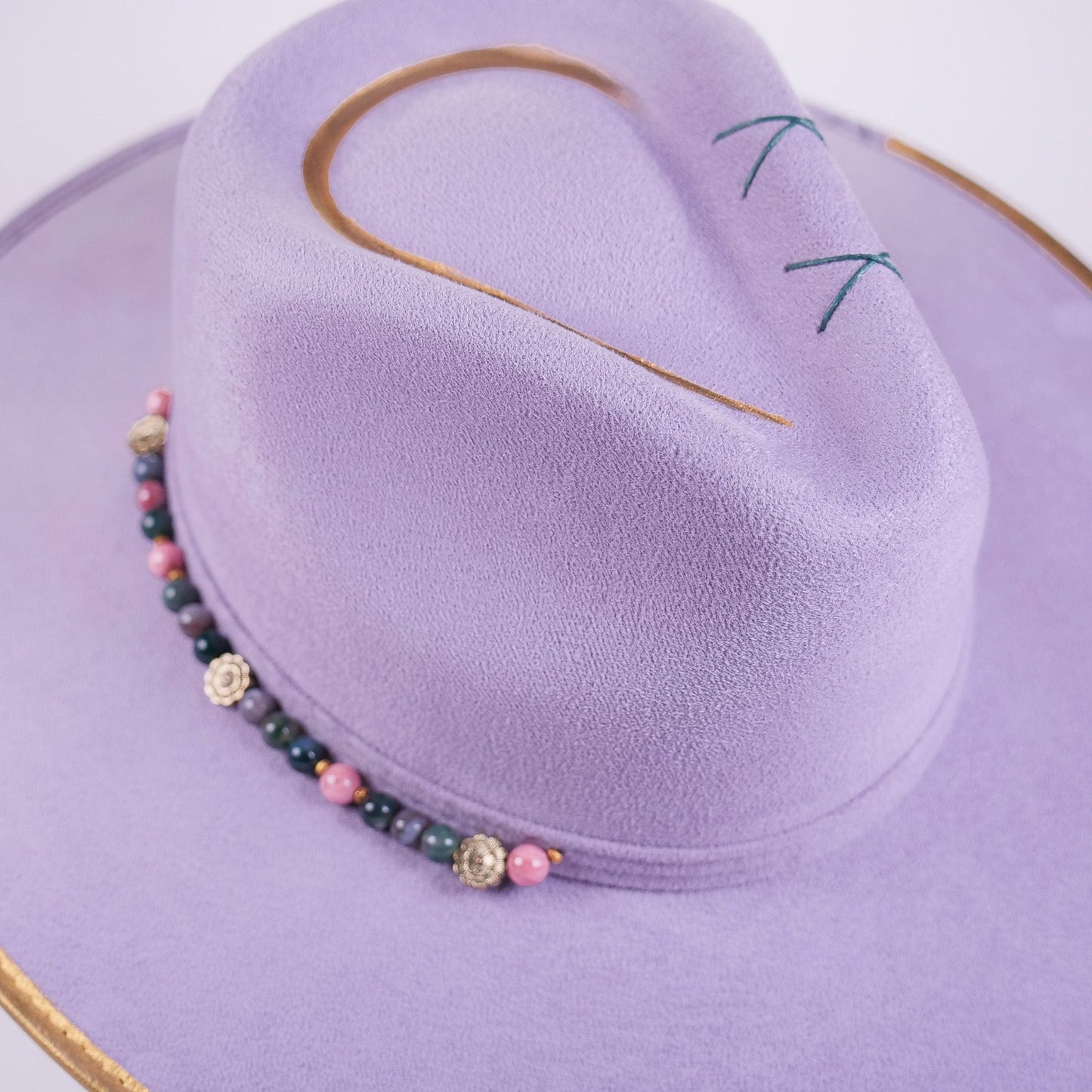 Aukala Hat Handcrafted Boho Lavender Sky Hat – Suede Fedora with Gold Trim & Multicolor Semi-Precious Beads