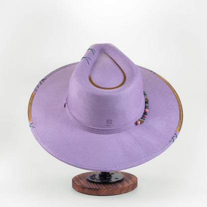 Aukala Hat Handcrafted Boho Lavender Sky Hat – Suede Fedora with Gold Trim & Multicolor Semi-Precious Beads