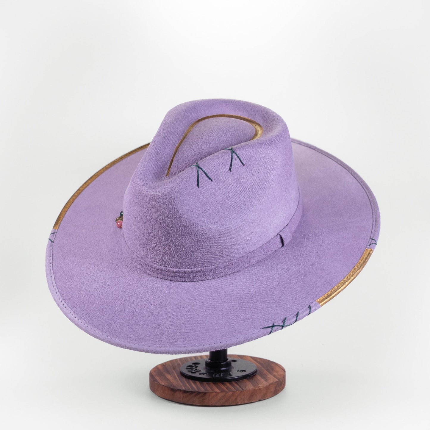 Aukala Hat Handcrafted Boho Lavender Sky Hat – Suede Fedora with Gold Trim & Multicolor Semi-Precious Beads
