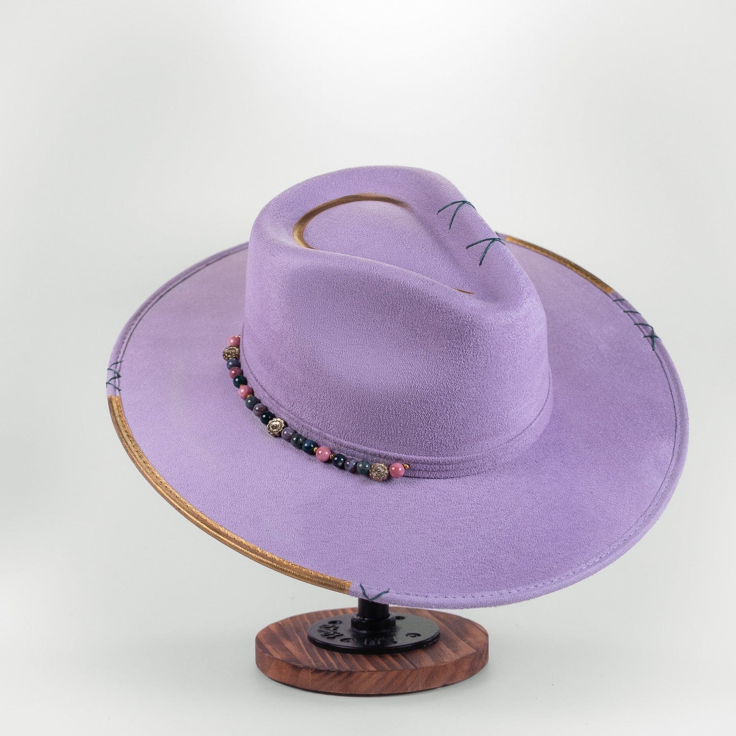 Aukala Hat Handcrafted Boho Lavender Sky Hat – Suede Fedora with Gold Trim & Multicolor Semi-Precious Beads