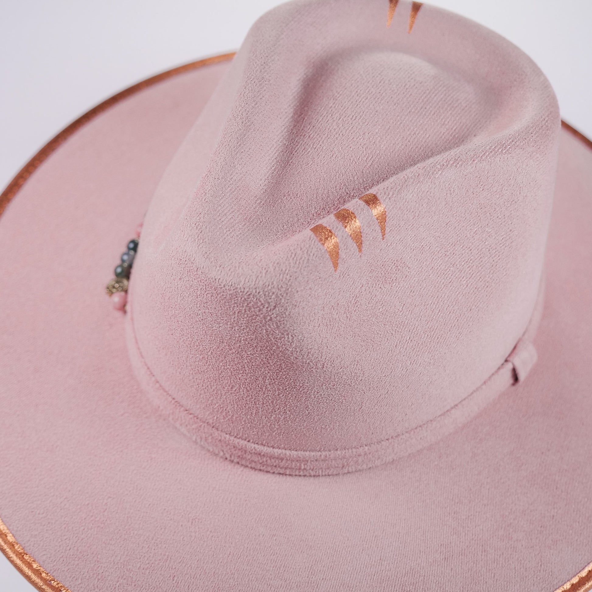 Aukala Hat Handcrafted Boho Pink Desert Hat – Rosado Suede Fedora with Gold Trim & Semi-Precious Beads