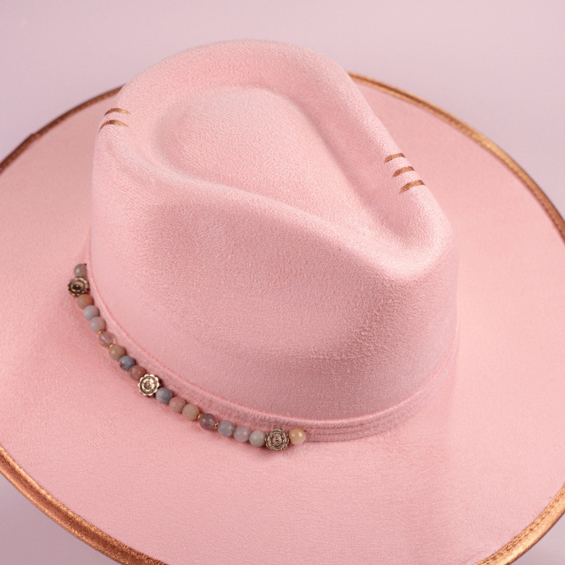 Aukala Hat Handcrafted Boho Rose Dawn Hat – Soft Blush Suede Fedora with Gold Trim & Beaded Accents