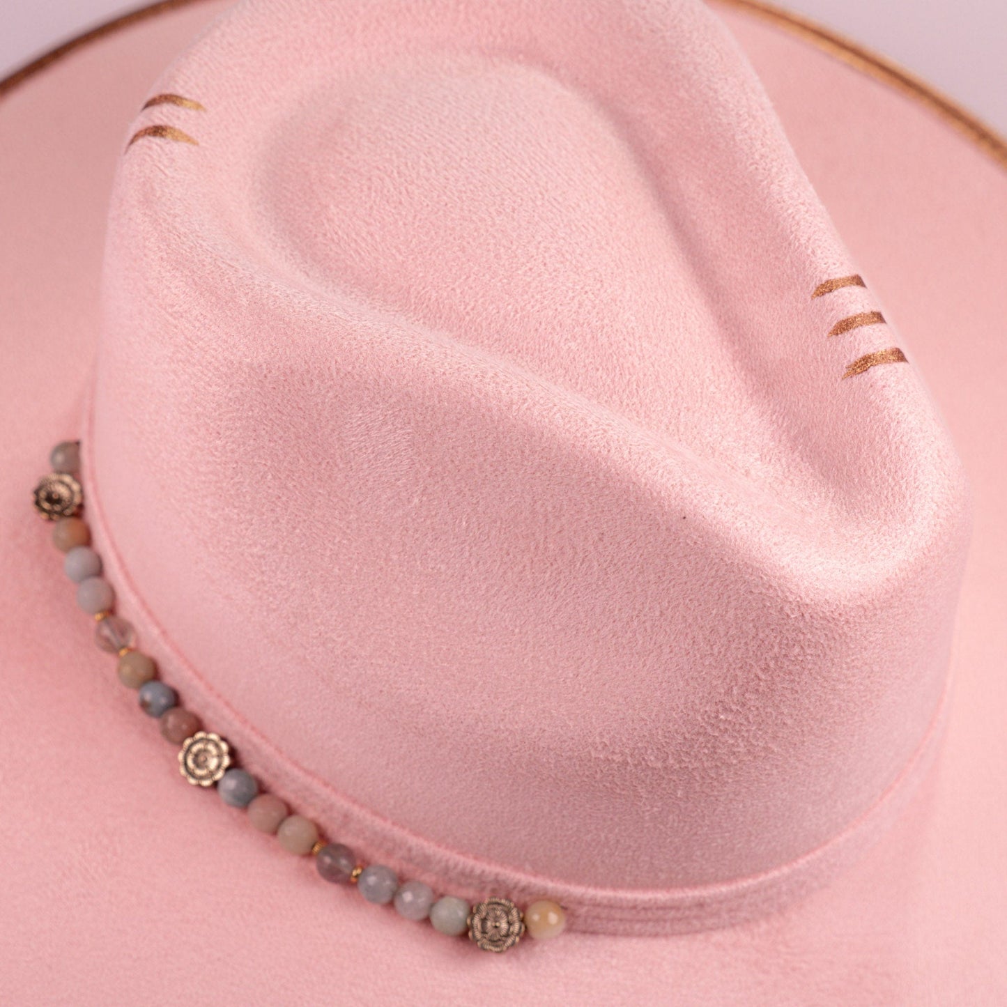 Aukala Hat Handcrafted Boho Rose Dawn Hat – Soft Blush Suede Fedora with Gold Trim & Beaded Accents