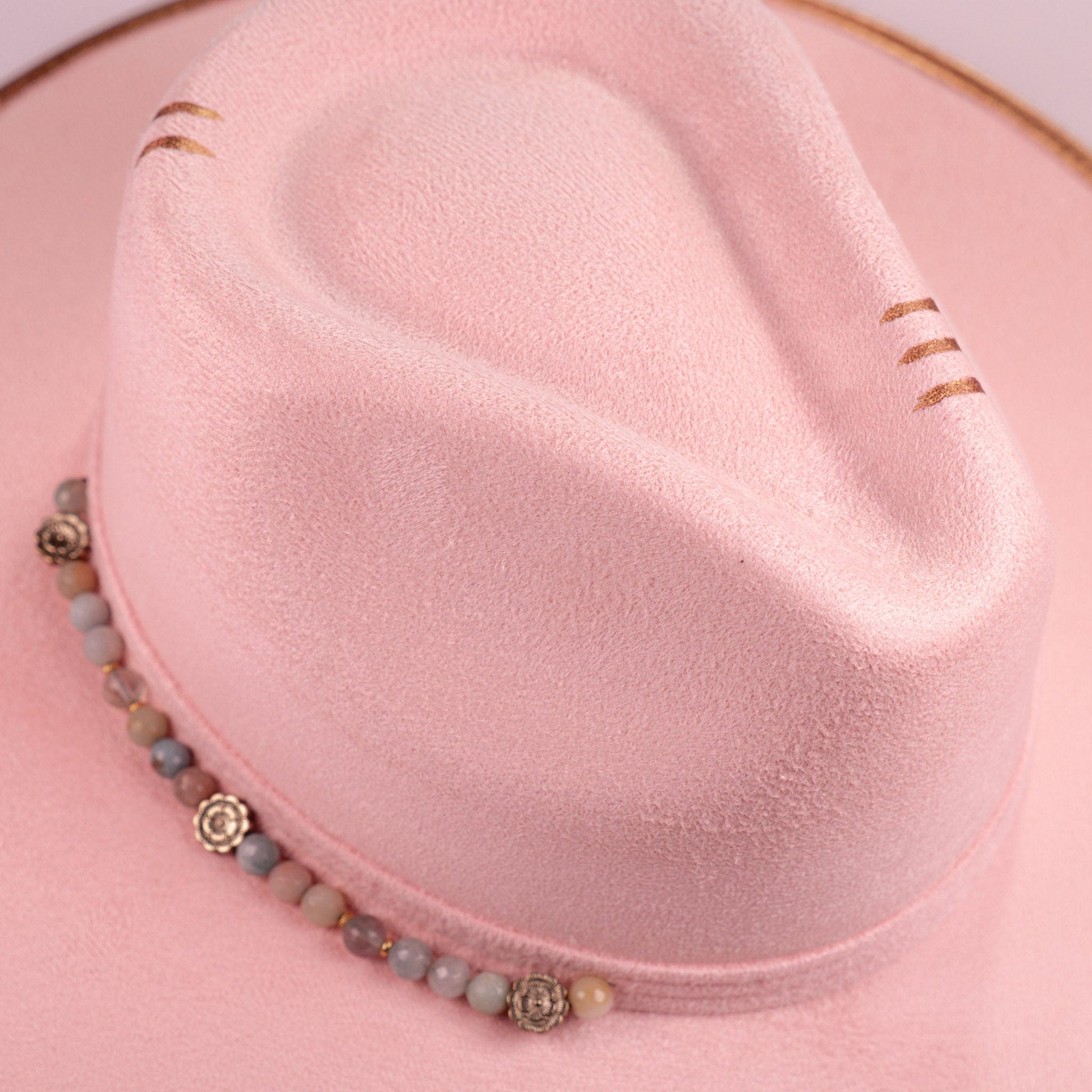 Aukala Hat Handcrafted Boho Rose Dawn Hat – Soft Blush Suede Fedora with Gold Trim & Beaded Accents