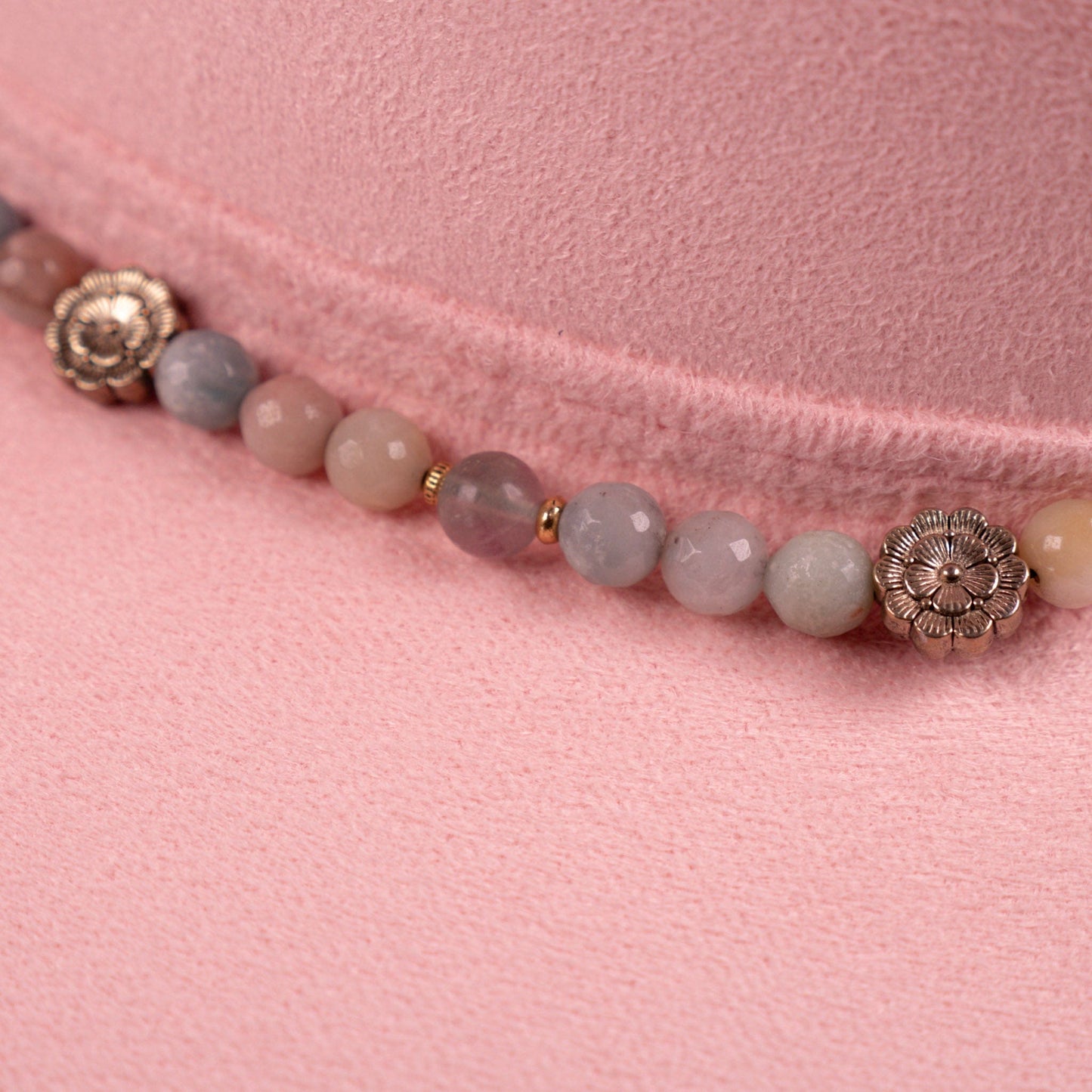 Aukala Hat Handcrafted Boho Rose Dawn Hat – Soft Blush Suede Fedora with Gold Trim & Beaded Accents