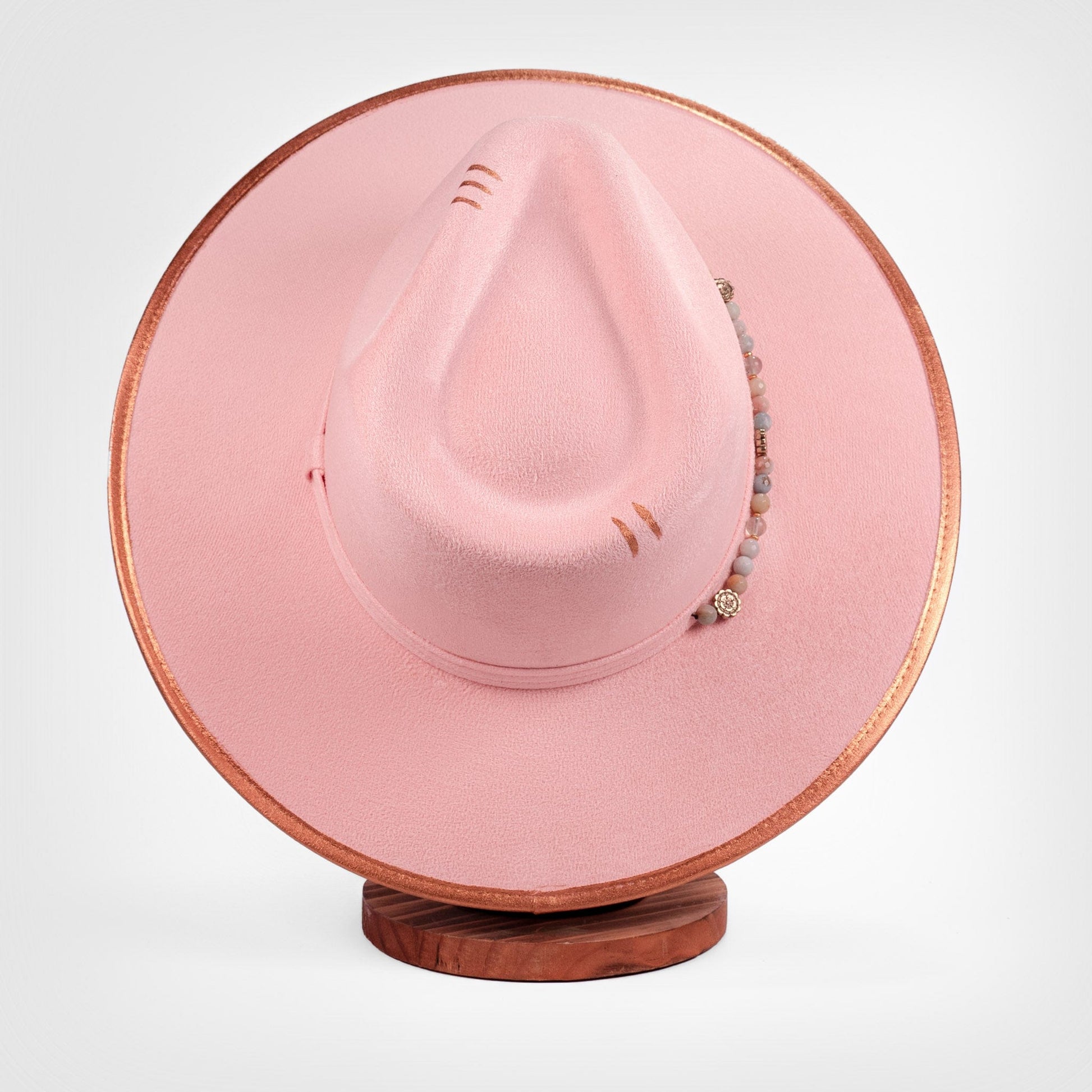 Aukala Hat Handcrafted Boho Rose Dawn Hat – Soft Blush Suede Fedora with Gold Trim & Beaded Accents