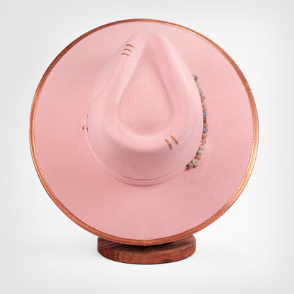 Aukala Hat Handcrafted Boho Rose Dawn Hat – Soft Blush Suede Fedora with Gold Trim & Beaded Accents