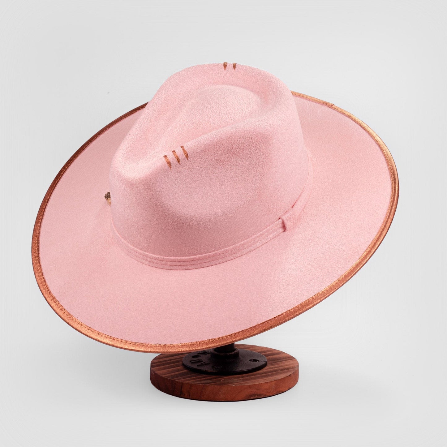 Aukala Hat Handcrafted Boho Rose Dawn Hat – Soft Blush Suede Fedora with Gold Trim & Beaded Accents