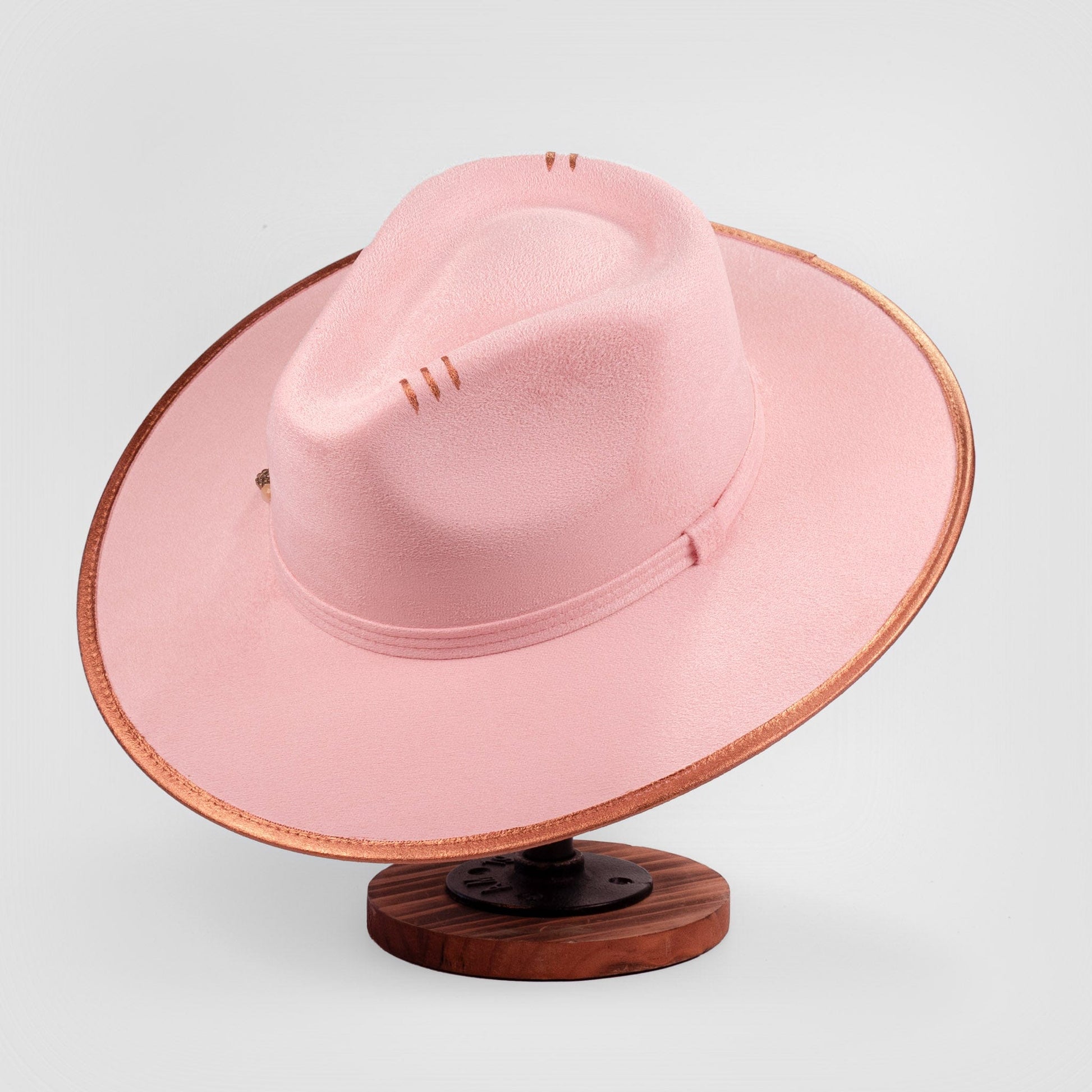 Aukala Hat Handcrafted Boho Rose Dawn Hat – Soft Blush Suede Fedora with Gold Trim & Beaded Accents