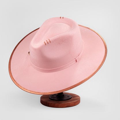 Aukala Hat Handcrafted Boho Rose Dawn Hat – Soft Blush Suede Fedora with Gold Trim & Beaded Accents
