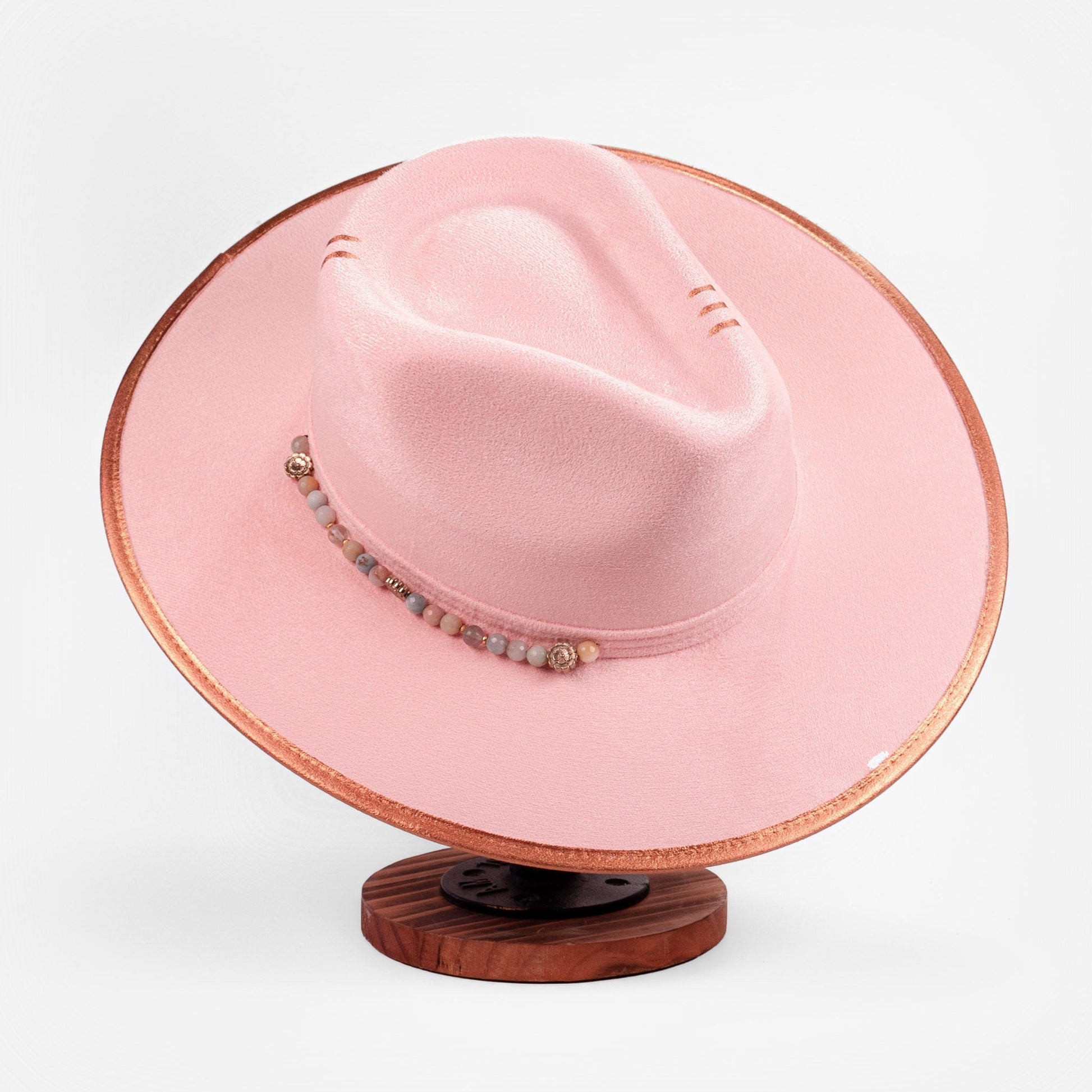 Aukala Hat Handcrafted Boho Rose Dawn Hat – Soft Blush Suede Fedora with Gold Trim & Beaded Accents
