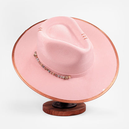 Aukala Hat Handcrafted Boho Rose Dawn Hat – Soft Blush Suede Fedora with Gold Trim & Beaded Accents